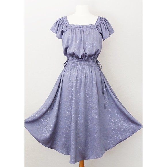 NEW Current Air Lilac Blue Ruffle Satin Midi Dress - Picture 5 of 10